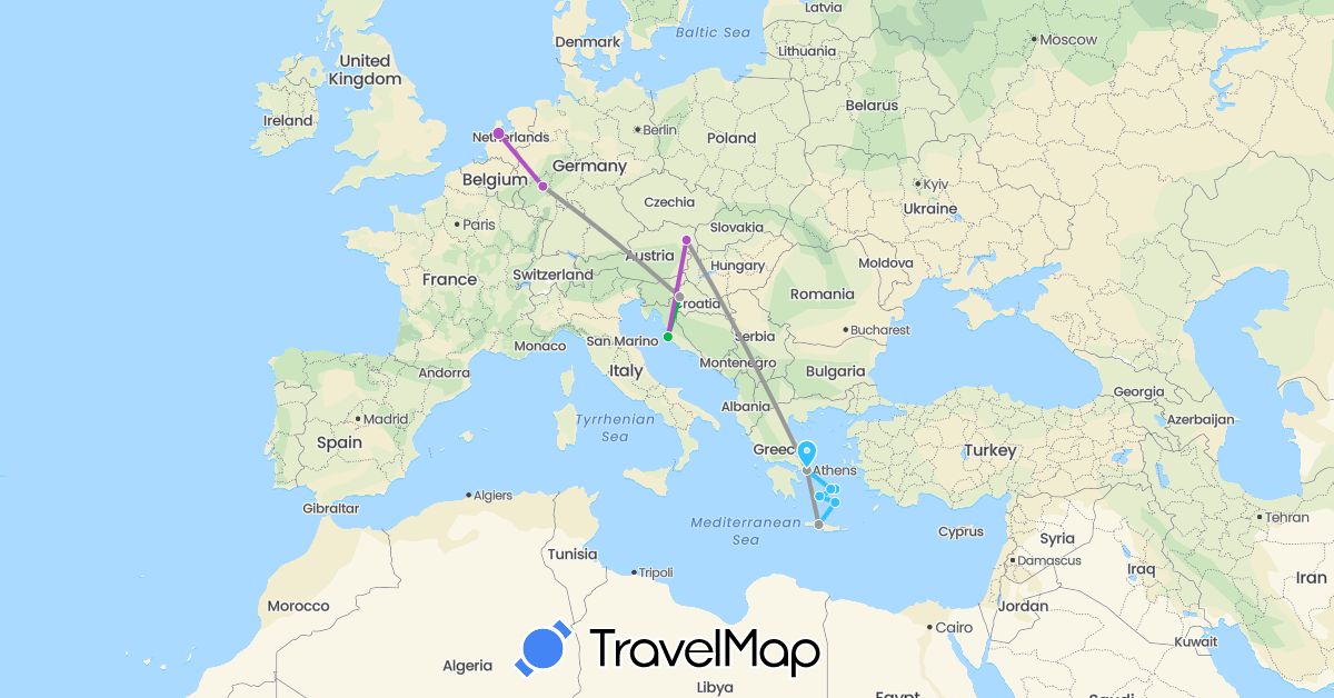 TravelMap itinerary: driving, bus, plane, train, boat in Austria, Germany, Greece, Croatia, Netherlands (Europe)